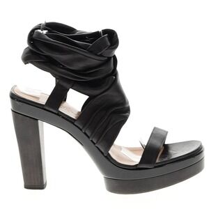 Hermes Leather Ankle Wrap Platform Sandals Strappy Black Chunky Heels Womens 38‎